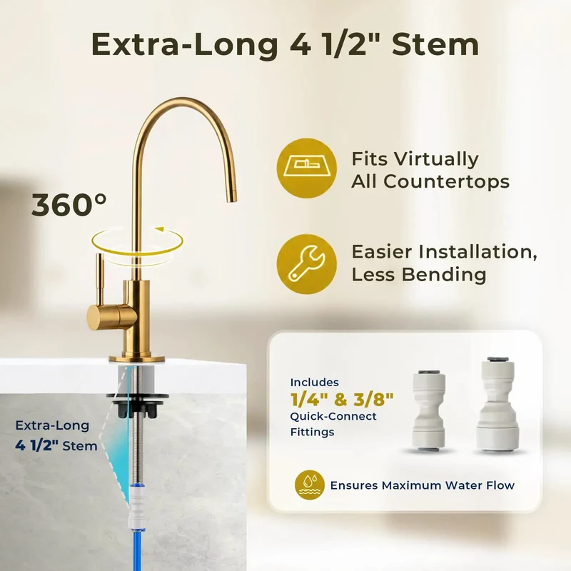 Top Mount Drinking Water Faucet In Sleek Brushed Gold With Lead-Free Brass Body No Sweat No Crawl DIY Install Straight Up Smooth For Everyday Kitchen Sink Routine