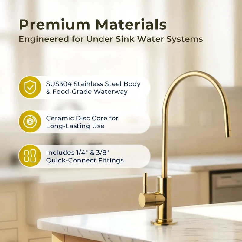 Top Mount Drinking Water Faucet In Sleek Brushed Gold With Lead-Free Brass Body No Sweat No Crawl DIY Install Straight Up Smooth For Everyday Kitchen Sink Routine