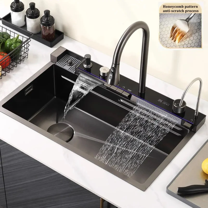 Slick Black Stainless Steel Kitchen Faucet Hella Durable Honeycomb Coated Oil Water Resistant Easy Clean Integrated Sink Setup Modern Cooking Straight Up Quality Top Shelf Performance