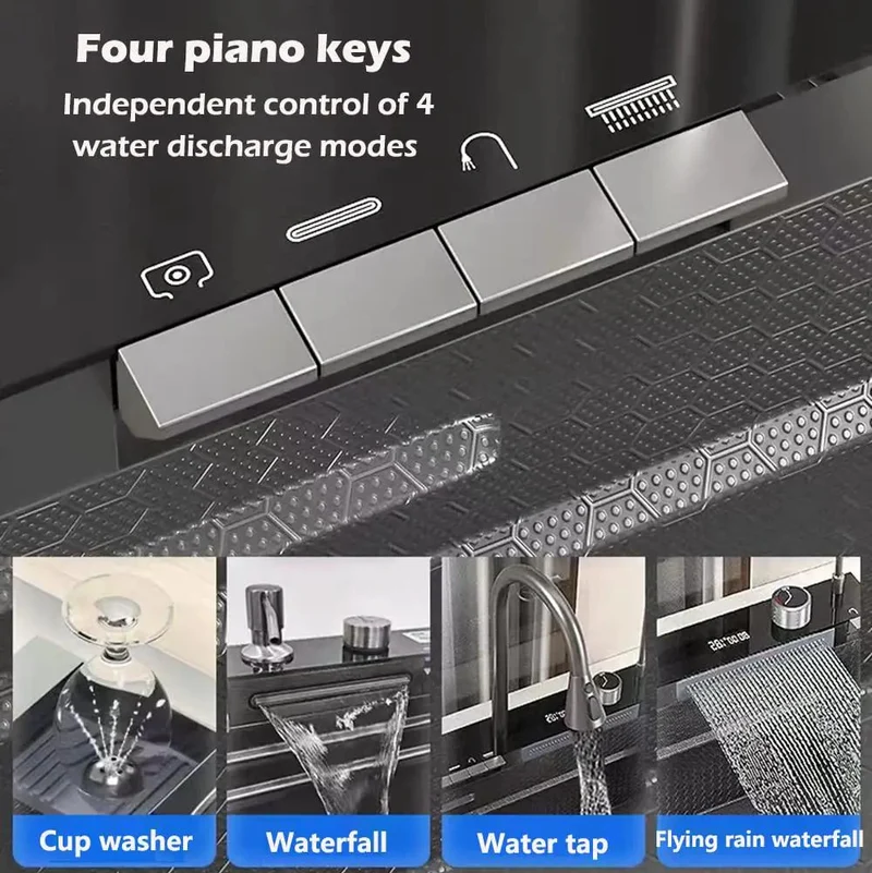 Top Shelf Smart Kitchen Faucet With Digital Temp Display And Dual Waterfall Streams Slim Grey Brushed Steel Five Flow Modes Straight Shooter Performance No Drip Hassle Install For Home Use