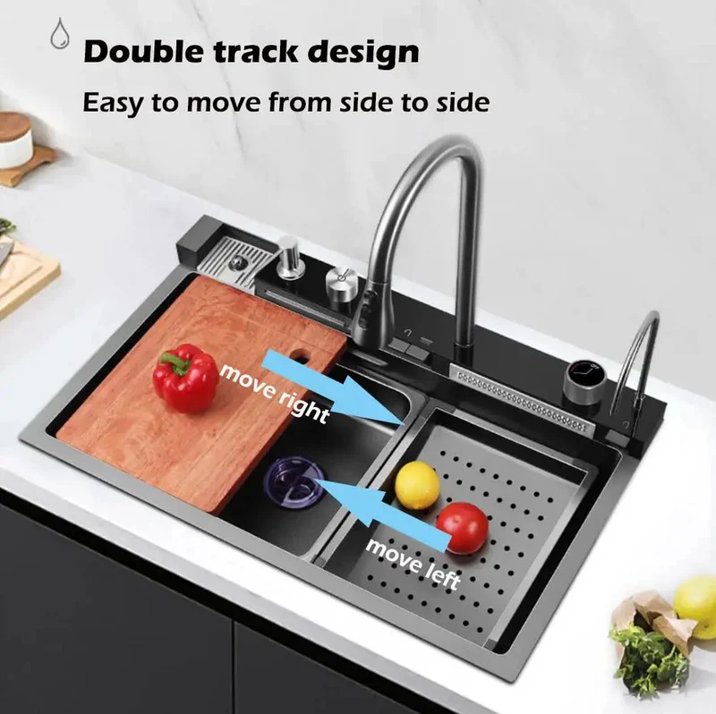 Top Shelf Smart Kitchen Faucet With Digital Temp Display And Dual Waterfall Streams Slim Grey Brushed Steel Five Flow Modes Straight Shooter Performance No Drip Hassle Install For Home Use