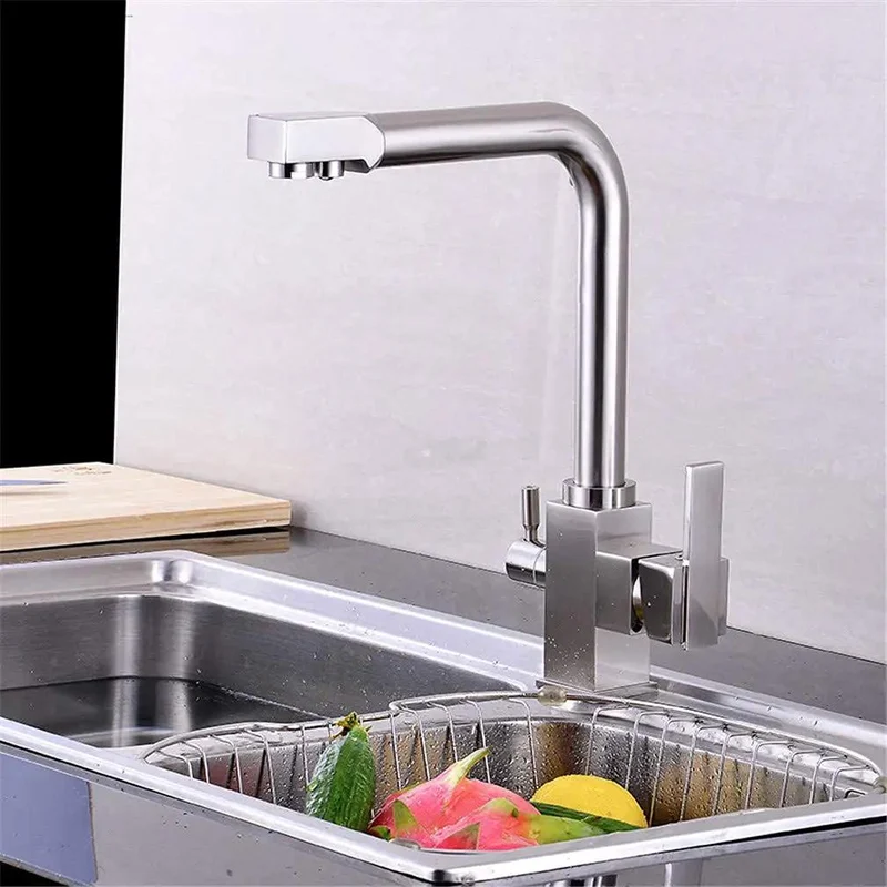 Brushed Deck Mount Kitchen Faucet With 360 Swivel Spout And Dual Handles Featuring A Built In Drinking Water Filter Tap Rust Resistant Finish Offering Dead Simple Cleanup And No Sweat Daily Care