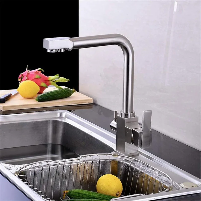 Brushed Deck Mount Kitchen Faucet With 360 Swivel Spout And Dual Handles Featuring A Built In Drinking Water Filter Tap Rust Resistant Finish Offering Dead Simple Cleanup And No Sweat Daily Care