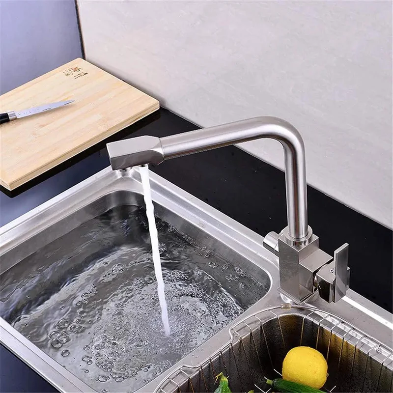 Brushed Deck Mount Kitchen Faucet With 360 Swivel Spout And Dual Handles Featuring A Built In Drinking Water Filter Tap Rust Resistant Finish Offering Dead Simple Cleanup And No Sweat Daily Care
