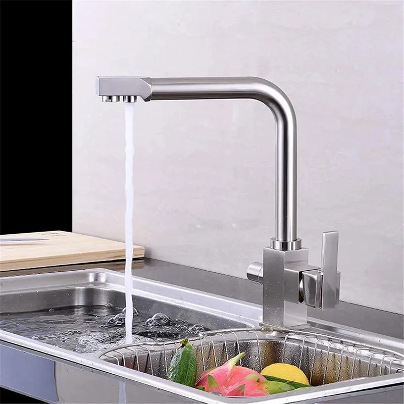 Brushed Deck Mount Kitchen Faucet With 360 Swivel Spout And Dual Handles Featuring A Built In Drinking Water Filter Tap Rust Resistant Finish Offering Dead Simple Cleanup And No Sweat Daily Care