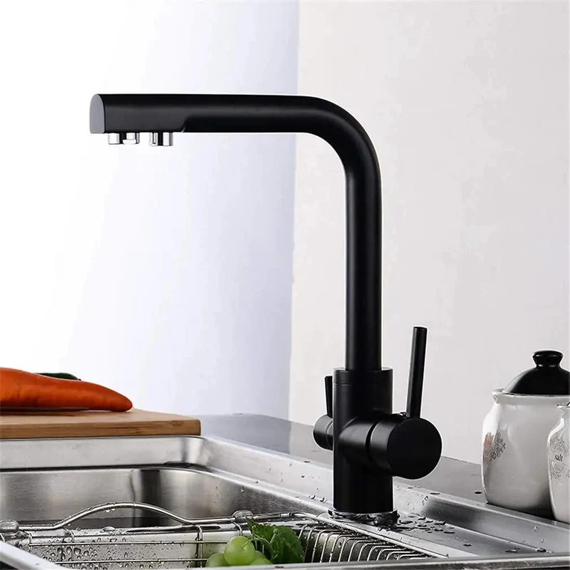 Heavy Duty Black Kitchen Faucet With 360 Swivel Dual Handle Water Filter Tap Deck Mounted Mixer And Aerator 3-Way Design To Deliver Crisp Drinking Water While Filtering Limescale Chlorine Impurities