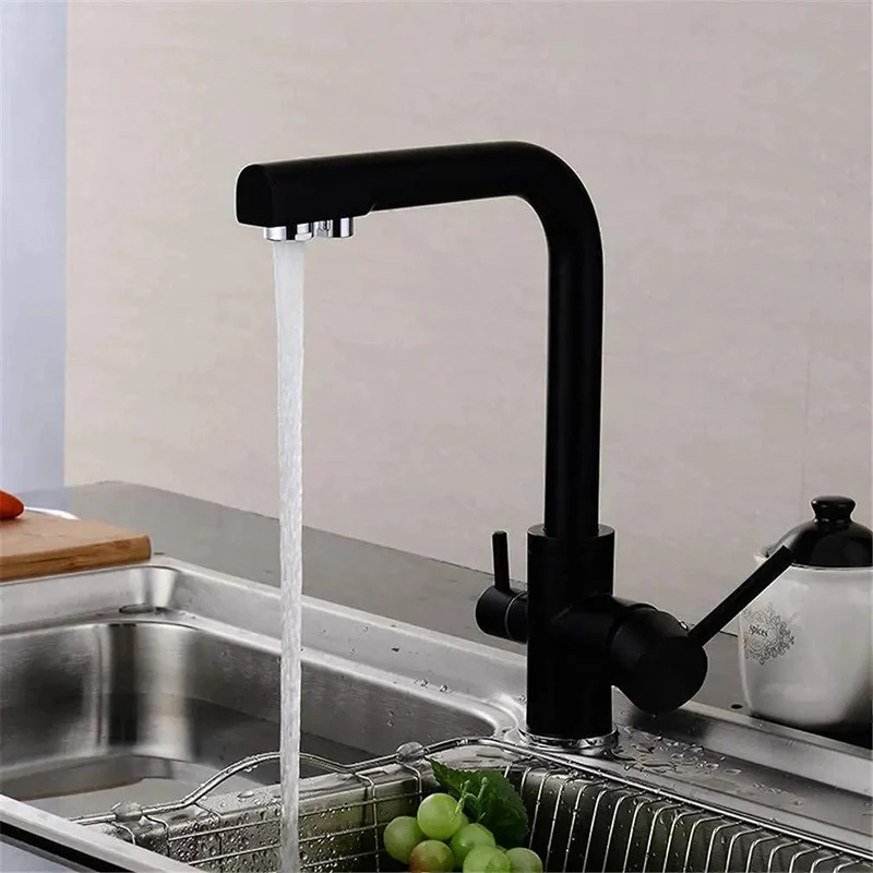 Heavy Duty Black Kitchen Faucet With 360 Swivel Dual Handle Water Filter Tap Deck Mounted Mixer And Aerator 3-Way Design To Deliver Crisp Drinking Water While Filtering Limescale Chlorine Impurities