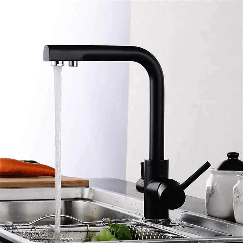 Heavy Duty Black Kitchen Faucet With 360 Swivel Dual Handle Water Filter Tap Deck Mounted Mixer And Aerator 3-Way Design To Deliver Crisp Drinking Water While Filtering Limescale Chlorine Impurities