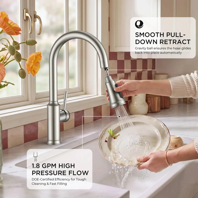 Top Notch Kitchen Sink Faucet With Pull Down Sprayer Delivering A Slick Vintage Vibe And Solid Lead Free Stainless Steel Build For Zero Drip Performance And Serious Water Savings All Day Long
