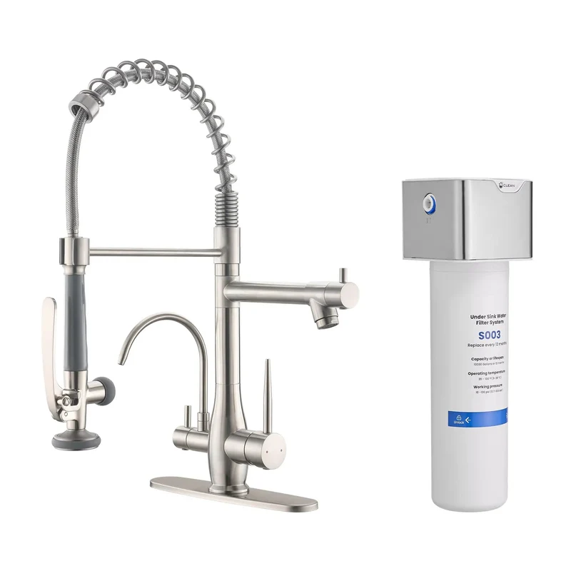 Slick 3-In-1 Commercial Kitchen Faucet With Undersink Water Filter, Reduces Lead And Chlorine For Crystal Clear Water, Includes Dedicated Drinking Faucet, Solid Brushed Nickel Finish, Hassle-Free Install