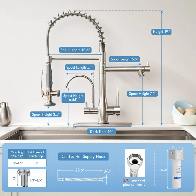 Slick 3-In-1 Commercial Kitchen Faucet With Undersink Water Filter, Reduces Lead And Chlorine For Crystal Clear Water, Includes Dedicated Drinking Faucet, Solid Brushed Nickel Finish, Hassle-Free Install