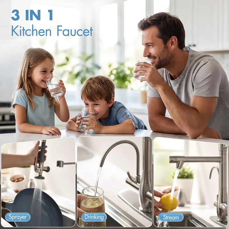 Slick 3-In-1 Commercial Kitchen Faucet With Undersink Water Filter, Reduces Lead And Chlorine For Crystal Clear Water, Includes Dedicated Drinking Faucet, Solid Brushed Nickel Finish, Hassle-Free Install