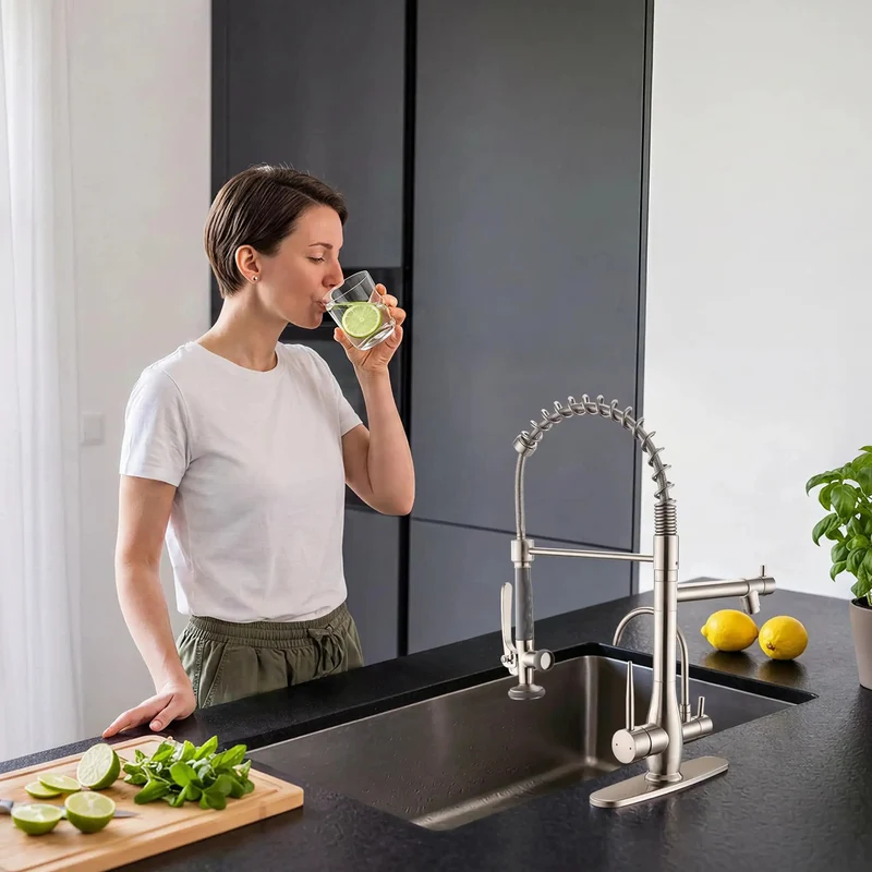 Slick 3-In-1 Commercial Kitchen Faucet With Undersink Water Filter, Reduces Lead And Chlorine For Crystal Clear Water, Includes Dedicated Drinking Faucet, Solid Brushed Nickel Finish, Hassle-Free Install