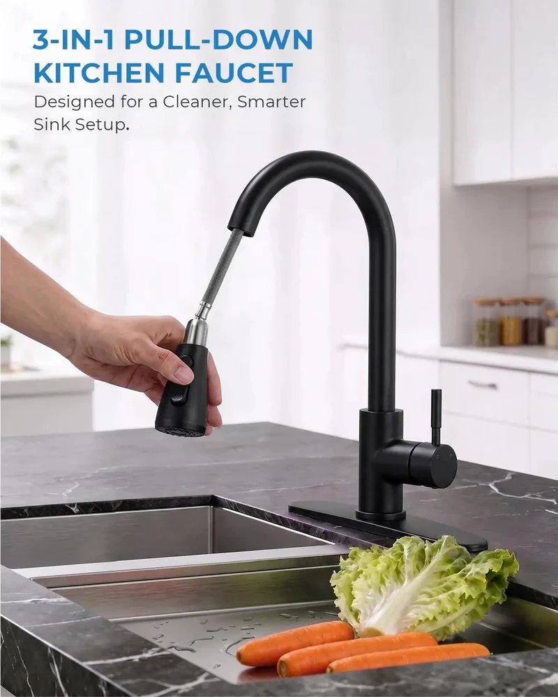 High Arc Kitchen Faucet With Pull Down Sprayer Matte Black Finish 360 Degree Swivel Spout 23 Inch Retractable Hose Top Shelf Heavy Duty Build Perfect For Kitchen Sink Bar And Rv Sink Full Range Reach