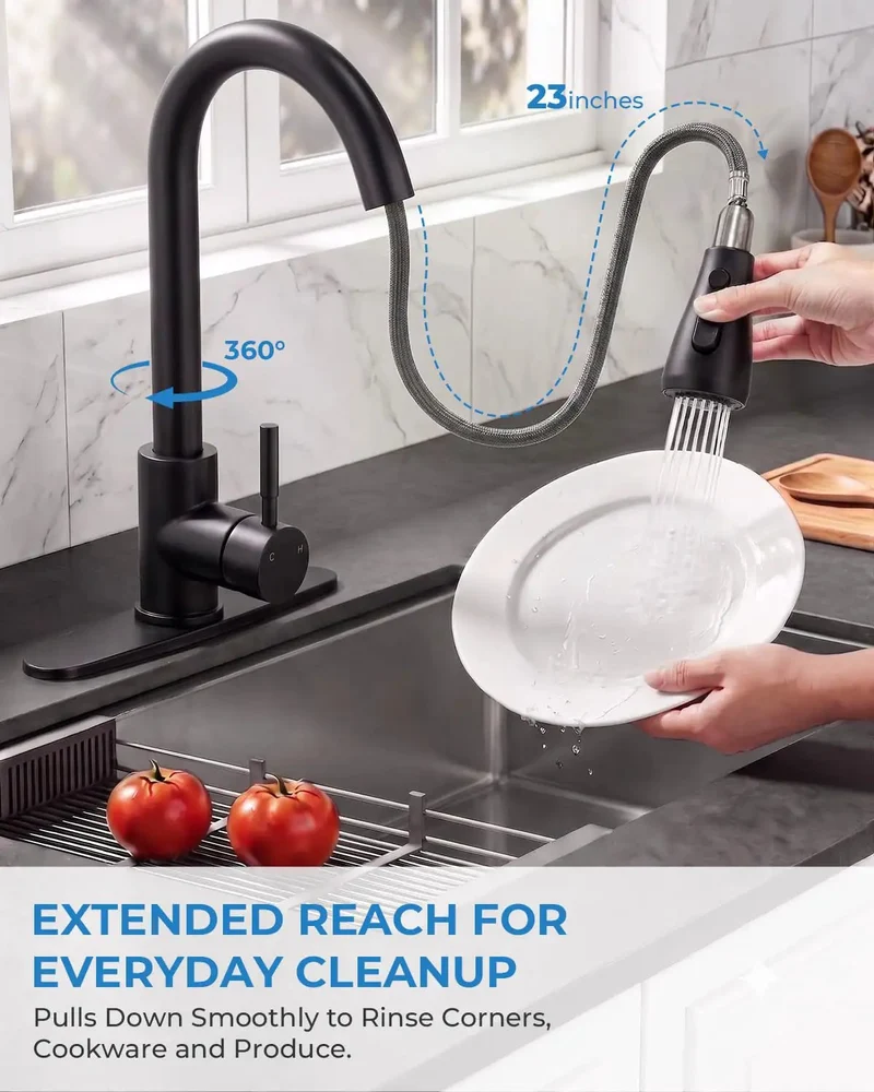 High Arc Kitchen Faucet With Pull Down Sprayer Matte Black Finish 360 Degree Swivel Spout 23 Inch Retractable Hose Top Shelf Heavy Duty Build Perfect For Kitchen Sink Bar And Rv Sink Full Range Reach