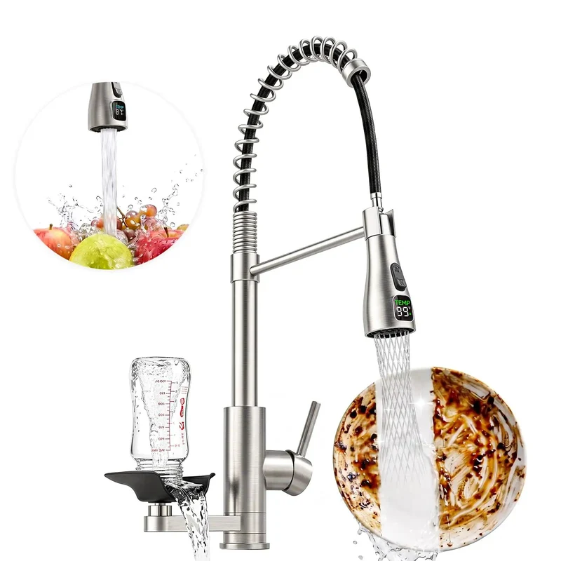 Slick Kitchen Faucet With Built In Glass Rinser And Digital Led Temperature Display Pull Down Sprayer Powered By Running Water No Fuss Top Shelf Sink Fixture For Family