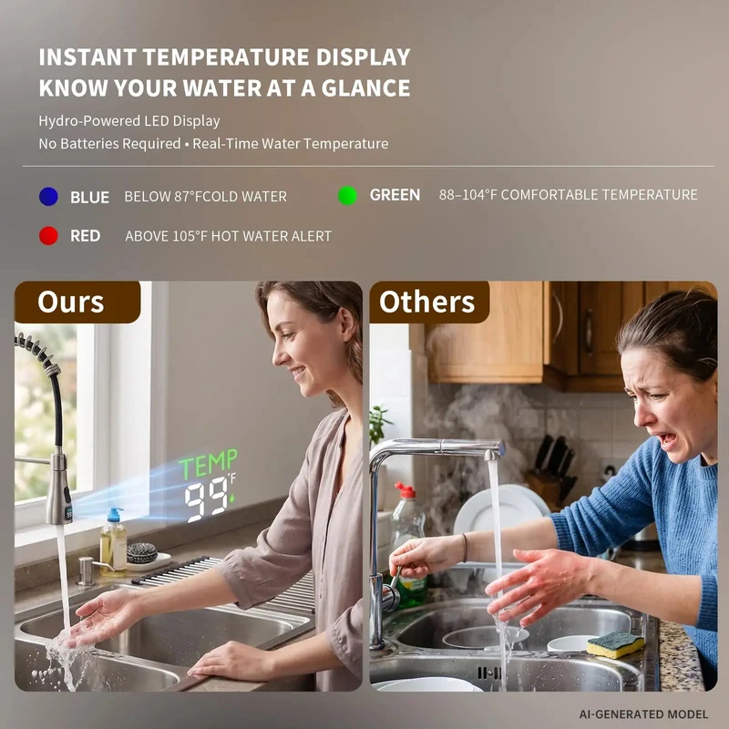 Slick Kitchen Faucet With Built In Glass Rinser And Digital Led Temperature Display Pull Down Sprayer Powered By Running Water No Fuss Top Shelf Sink Fixture For Family