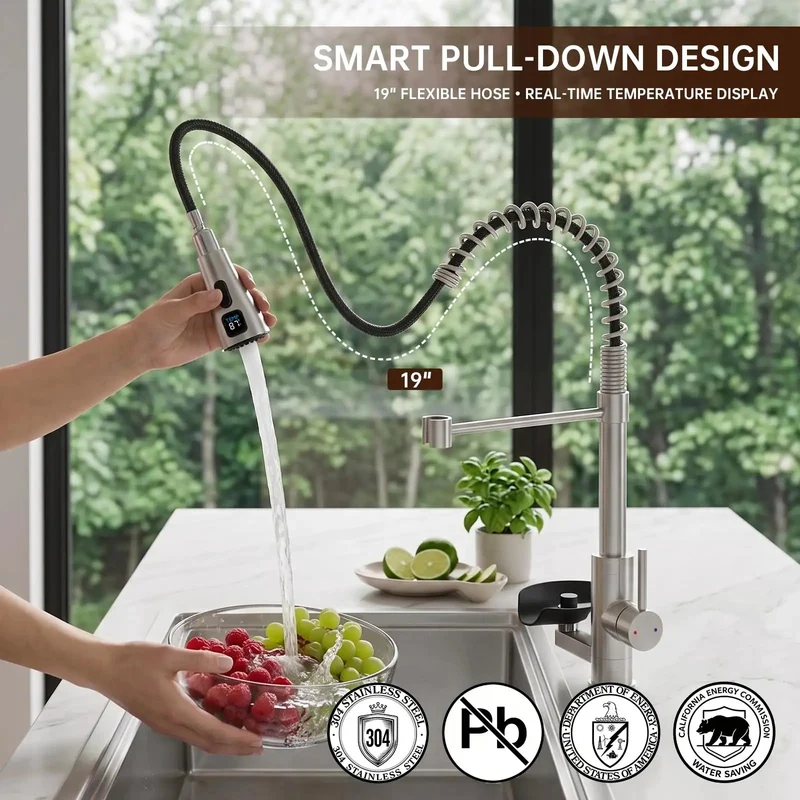 Slick Kitchen Faucet With Built In Glass Rinser And Digital Led Temperature Display Pull Down Sprayer Powered By Running Water No Fuss Top Shelf Sink Fixture For Family