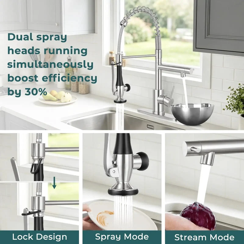 Slick Moving Standard Size Kitchen Faucet With Pull Down Sprayer And Smooth Swivel Spout, Heavy Duty Brushed Nickel Finish For Quick Sink Setup And Top Tier Performance