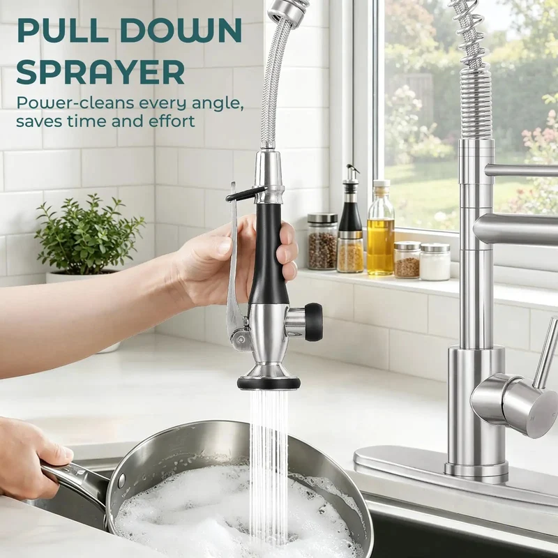 Slick Moving Standard Size Kitchen Faucet With Pull Down Sprayer And Smooth Swivel Spout, Heavy Duty Brushed Nickel Finish For Quick Sink Setup And Top Tier Performance