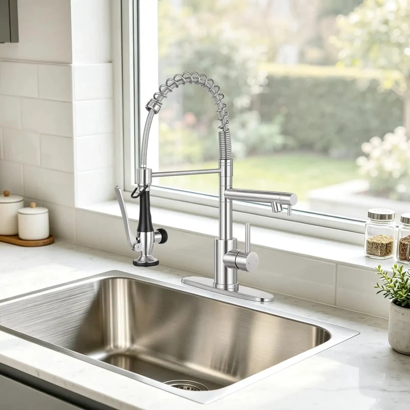 Slick Moving Standard Size Kitchen Faucet With Pull Down Sprayer And Smooth Swivel Spout, Heavy Duty Brushed Nickel Finish For Quick Sink Setup And Top Tier Performance