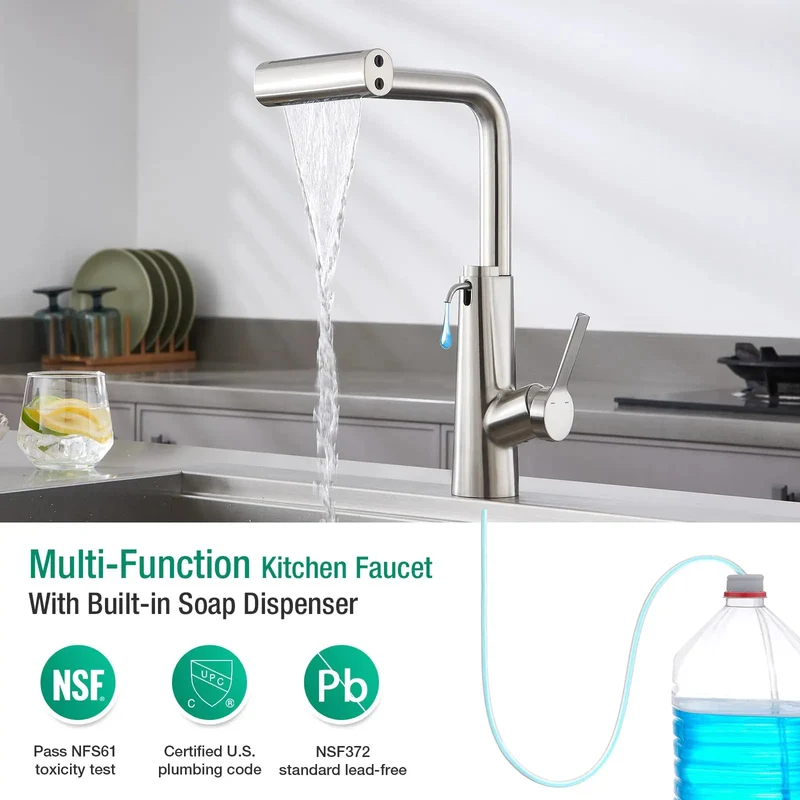 Killer Waterfall Kitchen Faucet With Soap Dispenser And Pull Down Sprayer Single Handle Brushed Nickel Stainless Steel Sink Tap For Bar Or Laundry Rooms Total Game Changer