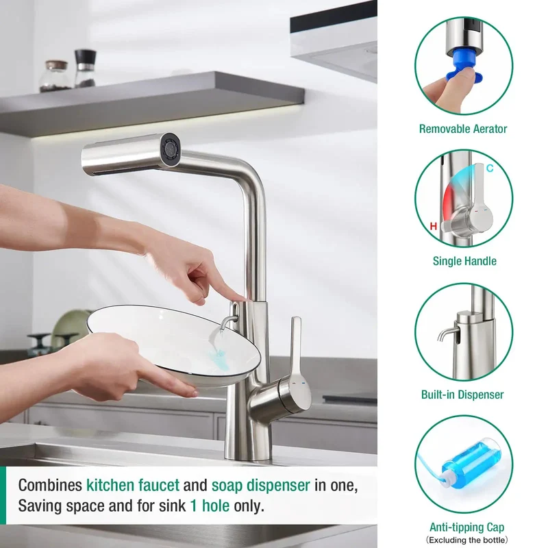 Killer Waterfall Kitchen Faucet With Soap Dispenser And Pull Down Sprayer Single Handle Brushed Nickel Stainless Steel Sink Tap For Bar Or Laundry Rooms Total Game Changer