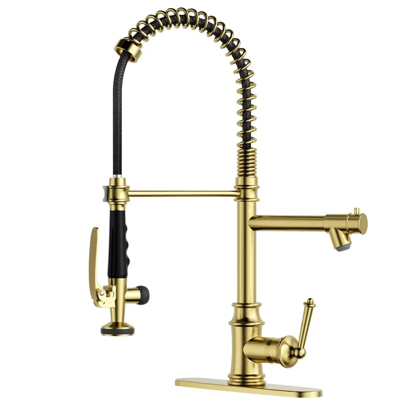 Top Tier Brushed Gold Commercial Kitchen Faucet With Pull Down Sprayer Delivering Slick Stream And Spray Modes For Hassle Free Washing And Quick Sink Cleanup