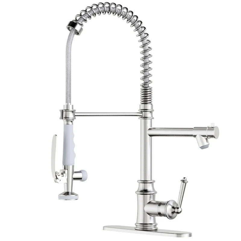 Heavy Duty Brushed Nickel Commercial Kitchen Faucet With Pull Down Sprayer Offering Dual Function High Pressure Spray And Steady Stream For No Sweat Wiping And Top Shelf Sink Care
