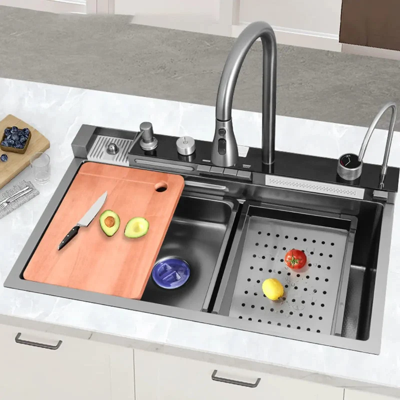 Top Shelf Smart Kitchen Sink With Digital Display And Dual Waterfall Flow Featuring Pull Down Sprayer Heavy Duty 304 Stainless Steel Basin With Built In Cup Washer For Hassle Free Lifestyle