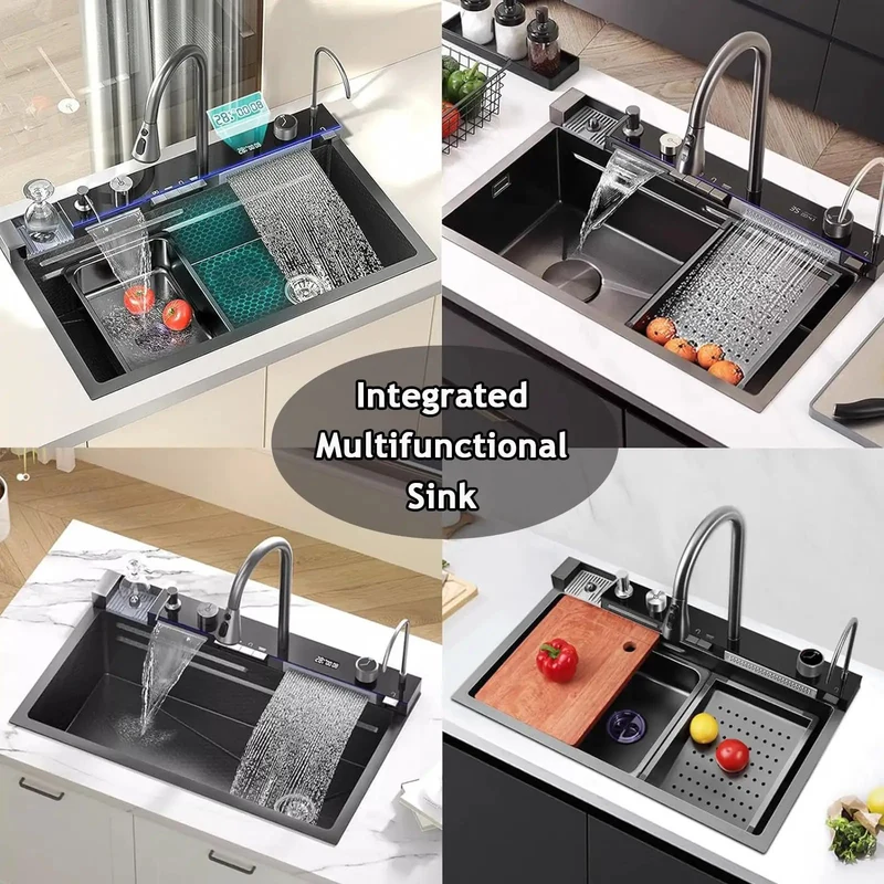 Top Shelf Smart Kitchen Sink With Digital Display And Dual Waterfall Flow Featuring Pull Down Sprayer Heavy Duty 304 Stainless Steel Basin With Built In Cup Washer For Hassle Free Lifestyle