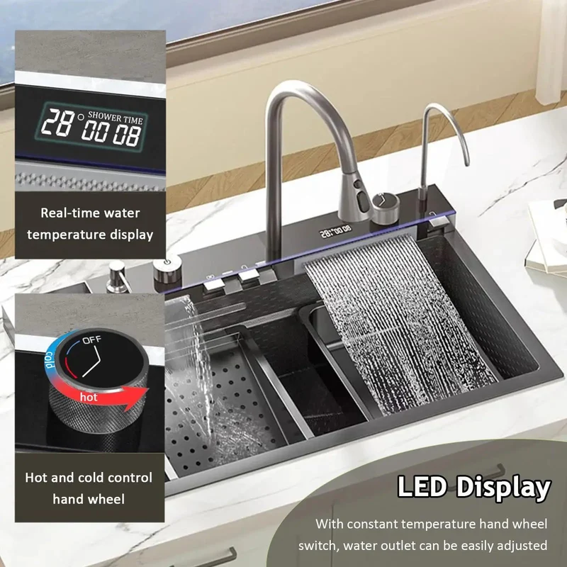 Top Shelf Smart Kitchen Sink With Digital Display And Dual Waterfall Flow Featuring Pull Down Sprayer Heavy Duty 304 Stainless Steel Basin With Built In Cup Washer For Hassle Free Lifestyle