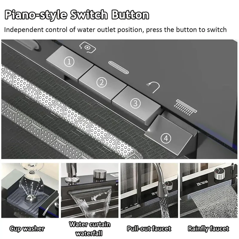 Top Shelf Smart Kitchen Sink With Digital Display And Dual Waterfall Flow Featuring Pull Down Sprayer Heavy Duty 304 Stainless Steel Basin With Built In Cup Washer For Hassle Free Lifestyle