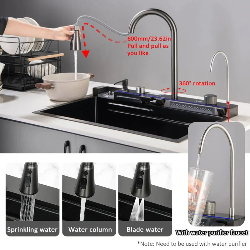 Top Shelf Smart Kitchen Sink With Digital Display And Dual Waterfall Flow Featuring Pull Down Sprayer Heavy Duty 304 Stainless Steel Basin With Built In Cup Washer For Hassle Free Lifestyle