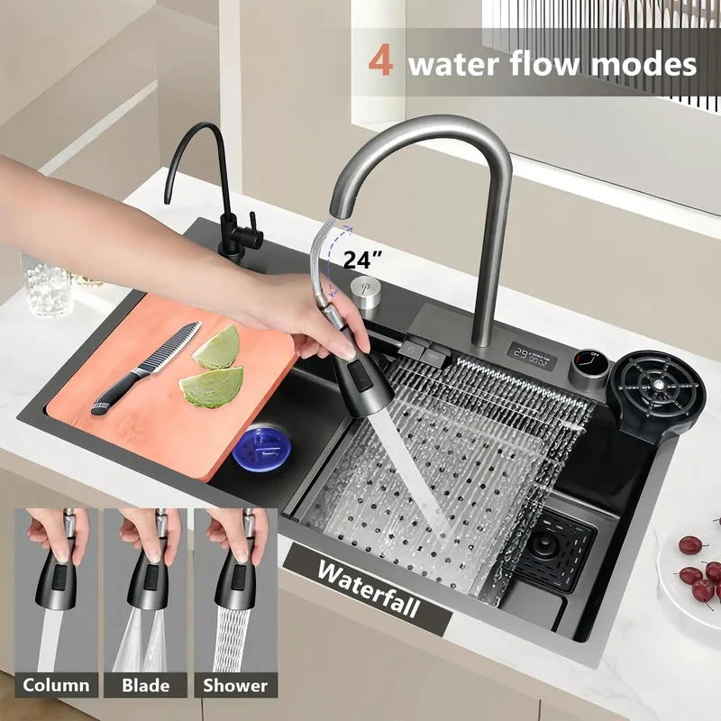 Top Tier Stainless Steel Kitchen Sink 30 By 20 Inches With 360 Swivel Faucet And Matte Black Cutting Board Included Slick Finish For No Sweat Cleanup And Heavy Duty Use