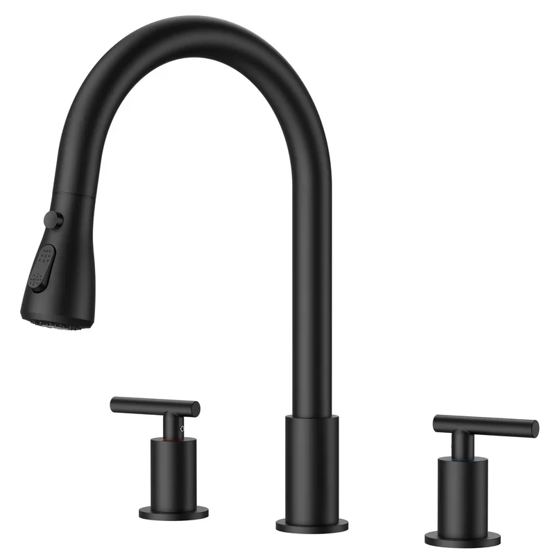 Heavy Duty Matte Black Kitchen Sink Faucet With Independent Dual Hot Cold Handles High Arc Swivel Neck And Three Mode Pull Down Sprayer For Zero Sweat Cleaning