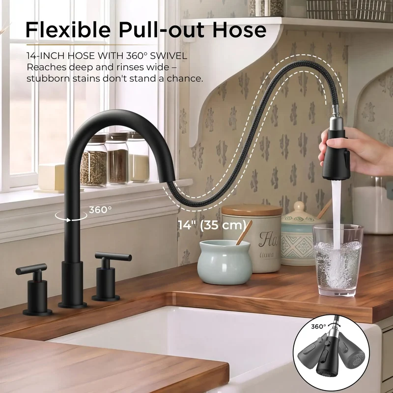 Heavy Duty Matte Black Kitchen Sink Faucet With Independent Dual Hot Cold Handles High Arc Swivel Neck And Three Mode Pull Down Sprayer For Zero Sweat Cleaning