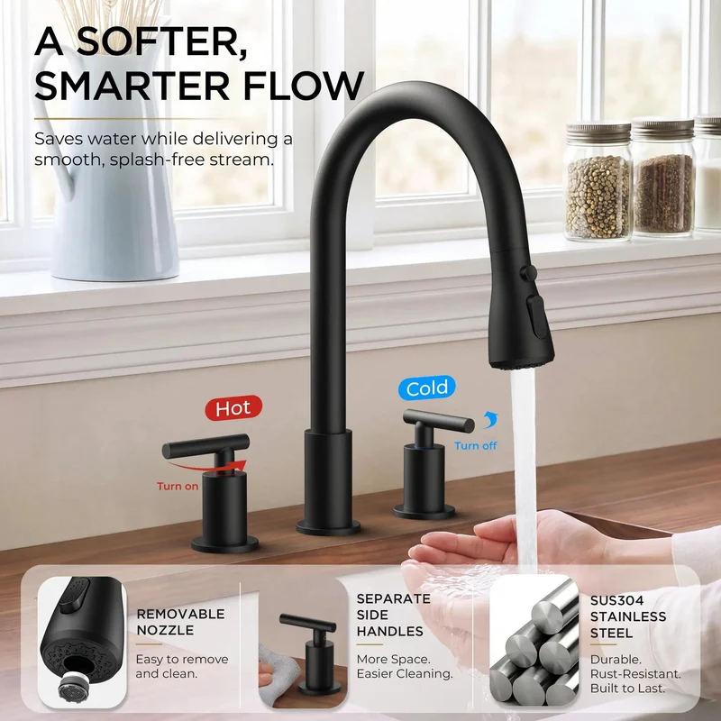 Heavy Duty Matte Black Kitchen Sink Faucet With Independent Dual Hot Cold Handles High Arc Swivel Neck And Three Mode Pull Down Sprayer For Zero Sweat Cleaning