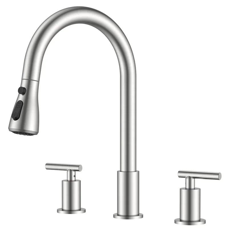 Top Notch Dual Handle Kitchen Faucet With Pull Down Sprayer Brushed Nickel Finish 3 Way Stream Spray Pause Switch No Fuss Design And Breezy Setup For Busy Kitchens