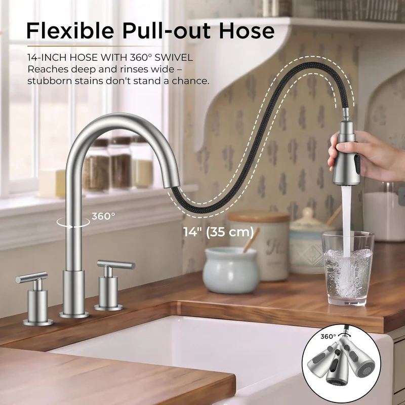 Top Notch Dual Handle Kitchen Faucet With Pull Down Sprayer Brushed Nickel Finish 3 Way Stream Spray Pause Switch No Fuss Design And Breezy Setup For Busy Kitchens