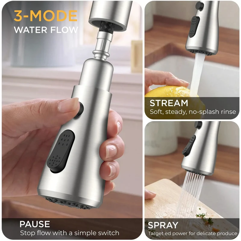 Top Notch Dual Handle Kitchen Faucet With Pull Down Sprayer Brushed Nickel Finish 3 Way Stream Spray Pause Switch No Fuss Design And Breezy Setup For Busy Kitchens