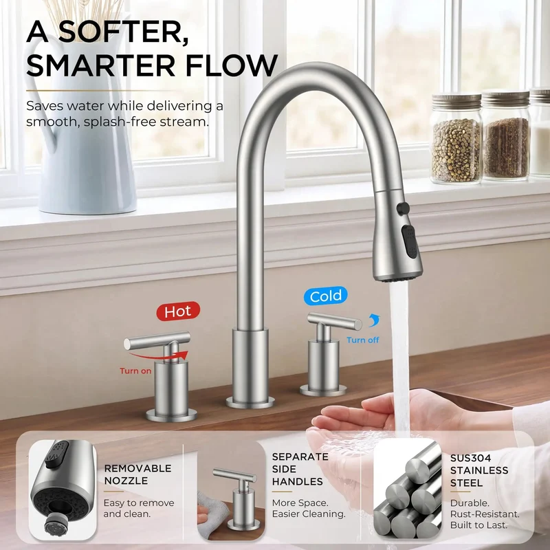 Top Notch Dual Handle Kitchen Faucet With Pull Down Sprayer Brushed Nickel Finish 3 Way Stream Spray Pause Switch No Fuss Design And Breezy Setup For Busy Kitchens