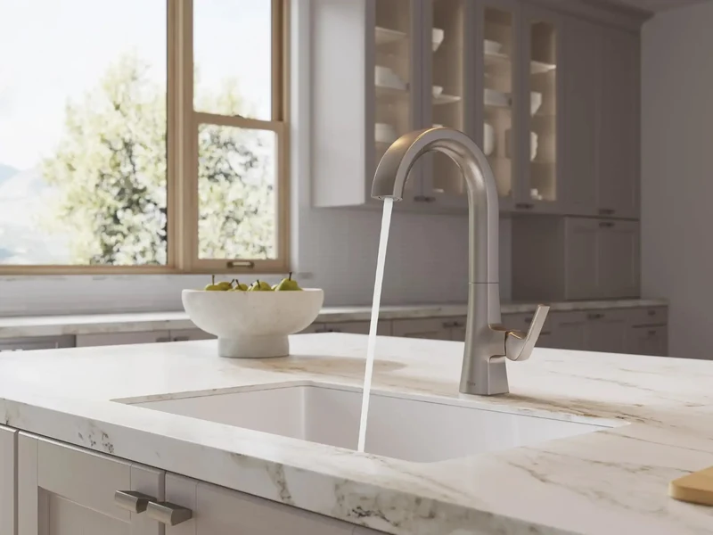 Top Shelf Kitchen Faucet With Pull Down Sprayer In Stainless Steel Finish Featuring A High Arc Spout Dual Stream And Spray Switches And A Rock Solid Self Aligning Head For Hassle Free Prep Work In Any Modern Home Kitchen Setup