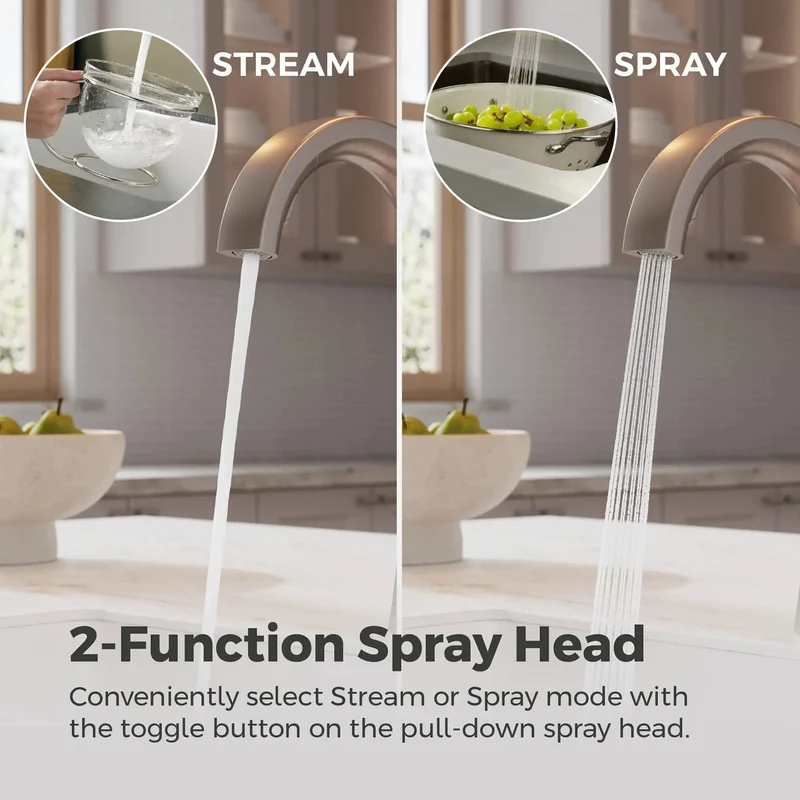 Top Shelf Kitchen Faucet With Pull Down Sprayer In Stainless Steel Finish Featuring A High Arc Spout Dual Stream And Spray Switches And A Rock Solid Self Aligning Head For Hassle Free Prep Work In Any Modern Home Kitchen Setup