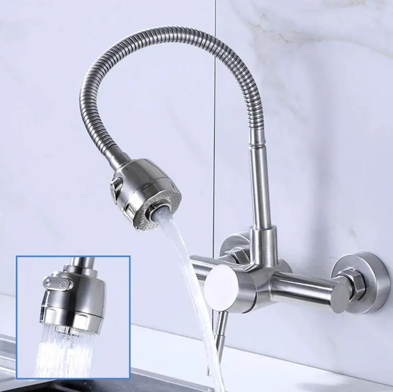 Top-Shelf 304 Stainless Steel Wall-Mounted Faucet Kitchen Sink Hot Cold Multifunctional Tap Durable Non-Toxic Universal Installation For Balcony Laundry Pool No-Fuss Setup Heavy-Duty Design