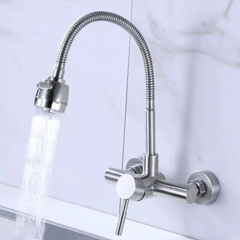 Top-Shelf 304 Stainless Steel Wall-Mounted Faucet Kitchen Sink Hot Cold Multifunctional Tap Durable Non-Toxic Universal Installation For Balcony Laundry Pool No-Fuss Setup Heavy-Duty Design