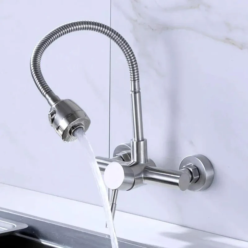 Top-Shelf 304 Stainless Steel Wall-Mounted Faucet Kitchen Sink Hot Cold Multifunctional Tap Durable Non-Toxic Universal Installation For Balcony Laundry Pool No-Fuss Setup Heavy-Duty Design