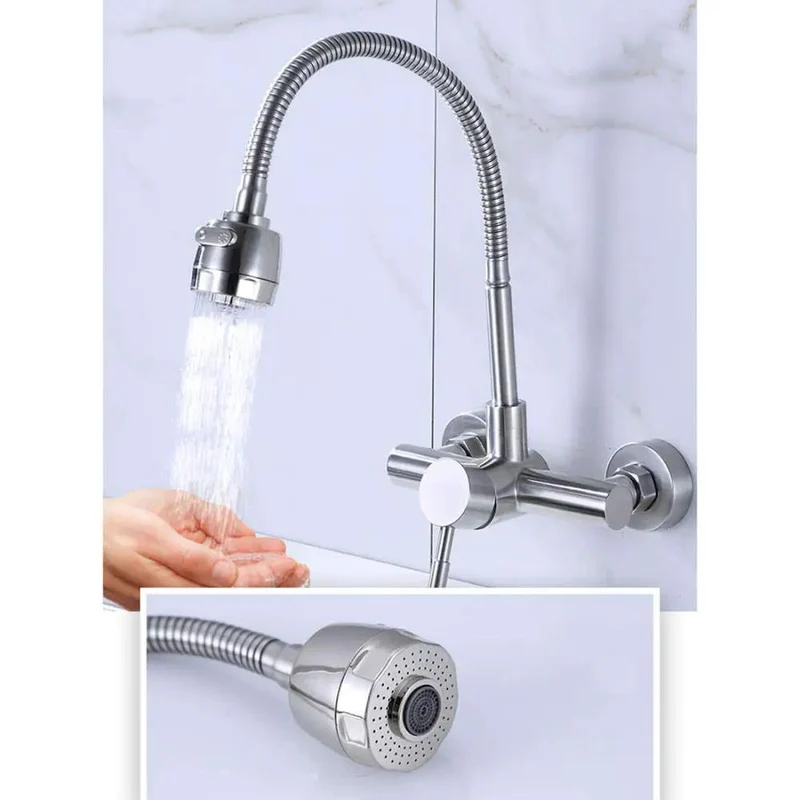 Top-Shelf 304 Stainless Steel Wall-Mounted Faucet Kitchen Sink Hot Cold Multifunctional Tap Durable Non-Toxic Universal Installation For Balcony Laundry Pool No-Fuss Setup Heavy-Duty Design