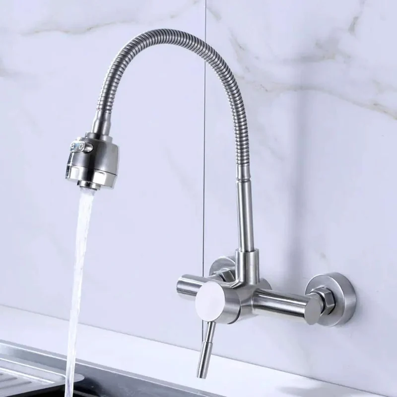 Top-Shelf 304 Stainless Steel Wall-Mounted Faucet Kitchen Sink Hot Cold Multifunctional Tap Durable Non-Toxic Universal Installation For Balcony Laundry Pool No-Fuss Setup Heavy-Duty Design