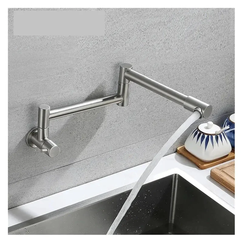Foldable Wall Mount Kitchen Faucet Featuring Brushed Stainless Steel Finish And Retractable Spring Spout For Space Saving Sink And Coffee Bar Setup Heavy Duty Construction Ensures Zero Hassle Operation With Smooth Everyday Flow